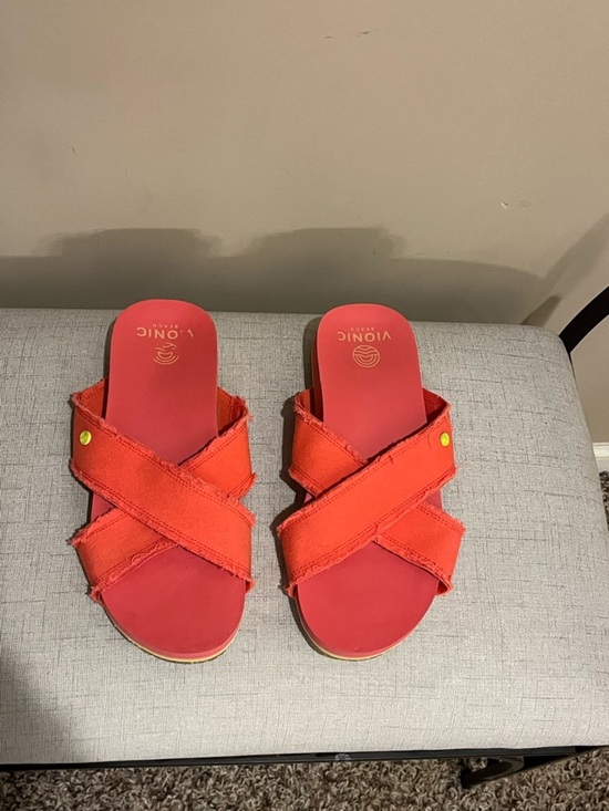 Vionic Shoes - Vionic Panama Coral-Red Crisscross Slide Sandals, size 7